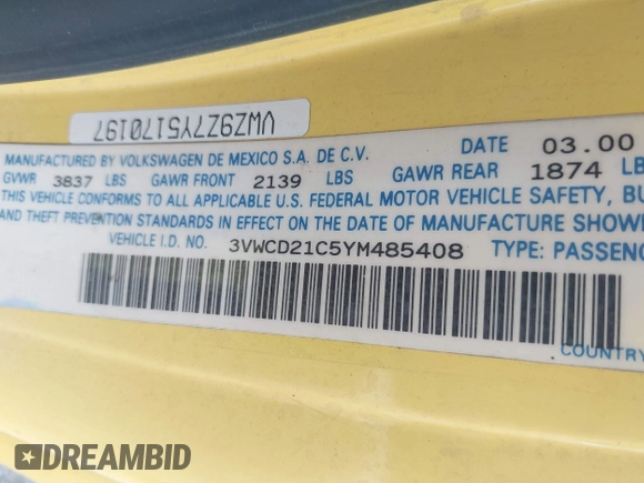 2000 Volkswagen Beetle GLS с VIN 3VWCD21C5YM485408, выставлен на аукционе IAAI как лот 42527097 с пробегом 126 850 миль миль и . История ставок и продаж доступна на DreamBid. Изображение 9.