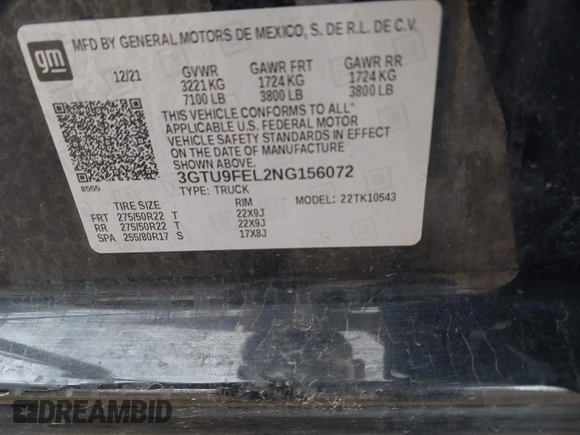 2022 GMC Sierra 1500 Denali with VIN 3GTU9FEL2NG156072, listed as a IAAI auction lot 42116628 with Not provided miles and . Bid and sale history available at DreamBid. Image 9.