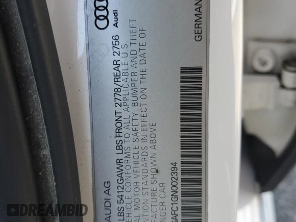 2016 Audi A6 Premium Plus with VIN WAUFGAFC1GN002394, listed as a Copart auction lot 54264485 with 152,290 mi miles and Salvage Title. Bid and sale history available at DreamBid. Image 13.