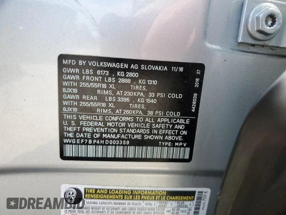 2017 Volkswagen Touareg Sport with VIN WVGEF7BP4HD003359, listed as a Copart auction lot 74714594 with Not Provided miles and Salvage Title. Bid and sale history available at DreamBid. Image 13.