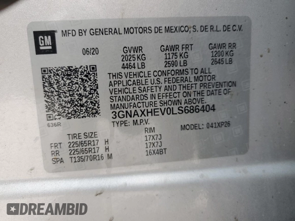 2020 Chevrolet Equinox LS z VIN 3GNAXHEV0LS686404, wystawiony jako Copart lot #58276075 z przebiegiem Nie podano mil oraz Nie do naprawy • Non repairable. Historia ofert i sprzedaży dostępna na DreamBid. Obrazek 13.