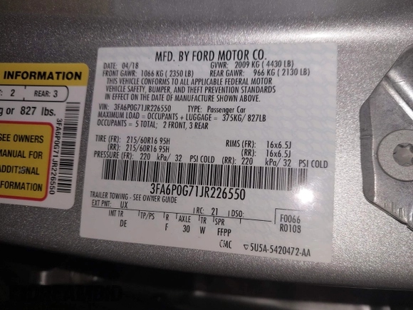2018 Ford Fusion S with VIN 3FA6P0G71JR226550, listed as a IAAI auction lot 41811203 with 72,245 mi miles. Bid and sale history available at carsss.com. Image 9.