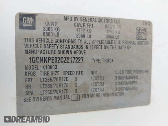 2012 Chevrolet Silverado 1500 Work Truck with VIN 1GCNKPE02CZ217227, listed as a IAAI auction lot 41895959 with 77,040 mi miles and . Bid and sale history available at DreamBid. Image 9.