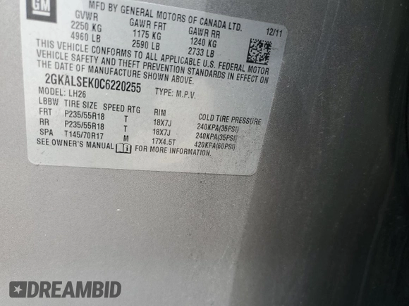 2012 GMC Terrain SLE-2 with VIN 2GKALSEK0C6220255, listed as a Copart auction lot 60919145 with 206,022 mi miles and Clean title. Bid and sale history available at DreamBid. Image 13.