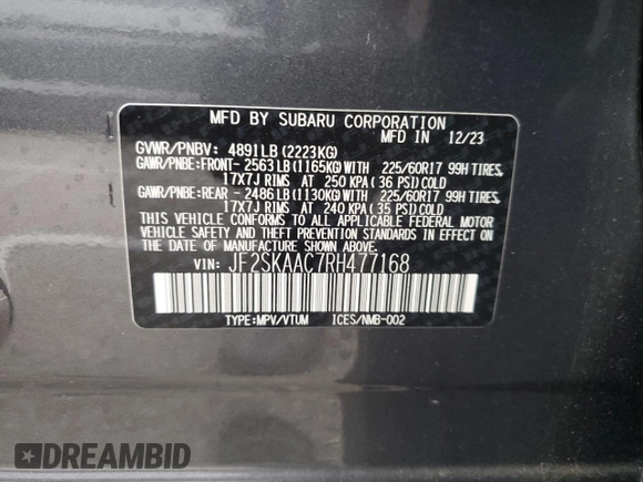 2024 Subaru Forester with VIN JF2SKAAC7RH477168, listed as a Copart auction lot 42753315 with 4,550 mi miles and Salvage title. Bid and sale history available at DreamBid. Image 13.
