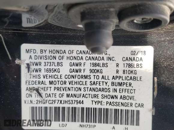 2018 Honda Civic EX with VIN 2HGFC2F7XJH537944, listed as a Copart auction lot 53353835 with 90,768 mi miles and Salvage Title. Bid and sale history available at DreamBid. Image 13.