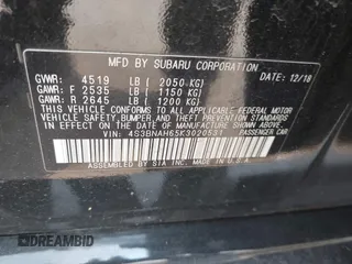 2019 Subaru Legacy Premium with VIN 4S3BNAH65K3020531, listed as a IAAI auction lot 42417501 with 63,370 mi miles and . Bid and sale history available at DreamBid. Image 9.