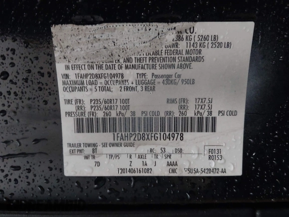 2015 Ford Taurus SE with VIN 1FAHP2D8XFG104978, listed as a IAAI auction lot 40322922 with Not Provided miles and . Bid and sale history available at carsss.com. Image 9.