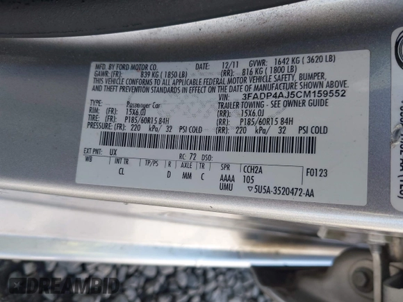 2012 Ford Fiesta S with VIN 3FADP4AJ5CM159552, listed as a IAAI auction lot 42395350 with 135,092 mi miles and . Bid and sale history available at DreamBid. Image 9.