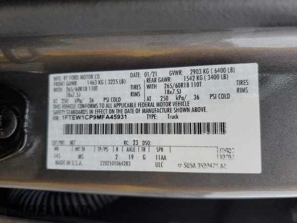 2021 Ford F-150 XL z VIN 1FTEW1CP9MFA45931, wystawiony jako Copart lot #43341985 z przebiegiem 37 737 mil mil oraz Szkoda całkowita • Salvage title. Historia ofert i sprzedaży dostępna na DreamBid. Obrazek 15.