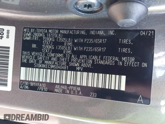2021 Toyota Sienna LE with VIN 5TDKRKEC9MS040481, listed as a IAAI auction lot 41881118 with 41,843 mi miles. Bid and sale history available at carsss.com. Image 9.