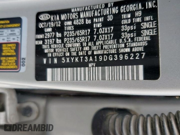 2013 Kia Sorento LX with VIN 5XYKT3A19DG396227, listed as a Copart auction lot 63595135 with 157,268 mi miles and Salvage title. Bid and sale history available at DreamBid. Image 12.