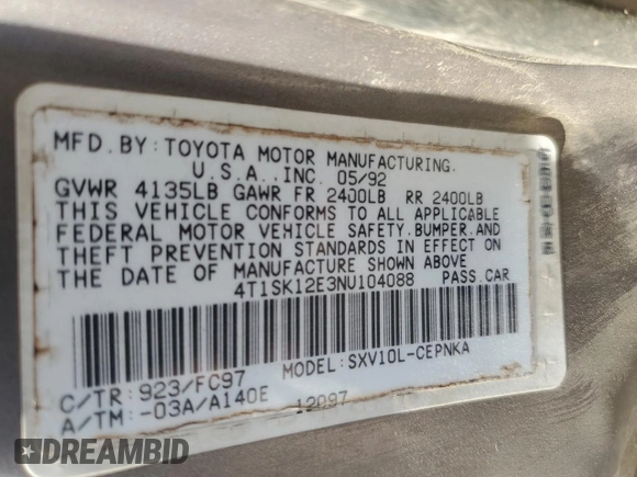 1992 Toyota Camry LE with VIN 4T1SK12E3NU104088, listed as a Copart auction lot 47496735 with 174,957 mi miles and Salvage Title. Bid and sale history available at carsss.com. Image 14.