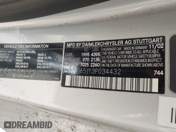 2003 Mercedes-Benz CLK 320 с VIN WDBTJ65J13F034432, выставлен на аукционе IAAI как лот 42811731 с пробегом 210 983 миль миль и . История ставок и продаж доступна на DreamBid. Изображение 9.
