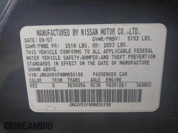 2008 Infiniti M with VIN JNKAY01F98M650156, listed as a IAAI auction lot 42688920 with 132,176 mi miles and . Bid and sale history available at DreamBid. Image 9.
