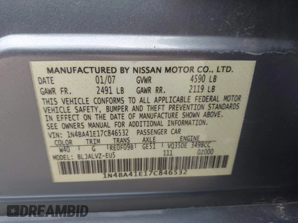 2007 Nissan Maxima 3.5 SE with VIN 1N4BA41E17C846532, listed as a IAAI auction lot 41851423 with 110,238 mi miles. Bid and sale history available at carsss.com. Image 9.