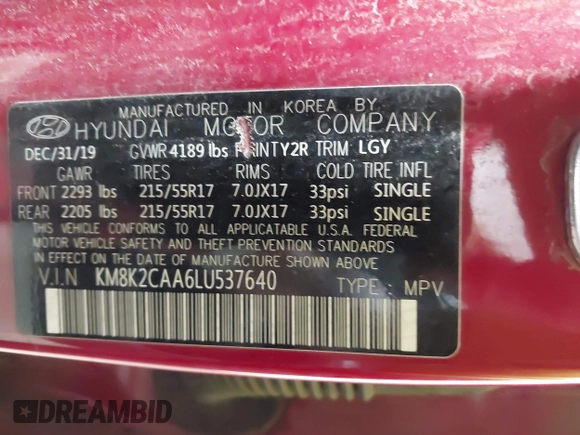 2020 Hyundai Kona SEL with VIN KM8K2CAA6LU537640, listed as a IAAI auction lot 41612563 with 51,838 mi miles. Bid and sale history available at carsss.com. Image 9.