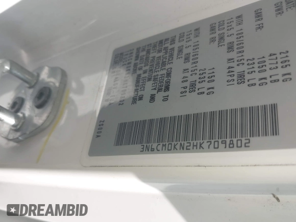 2017 Nissan NV200 S z VIN 3N6CM0KN2HK709802, wystawiony jako IAAI lot #40949324 z przebiegiem Nie podano mil oraz . Historia ofert i sprzedaży dostępna na DreamBid. Obrazek 9.