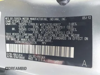 2012 Toyota Sienna XLE AAS with VIN 5TDYK3DC5CS260236, listed as a IAAI auction lot 41861457 with 123,530 mi miles and . Bid and sale history available at DreamBid. Image 9.