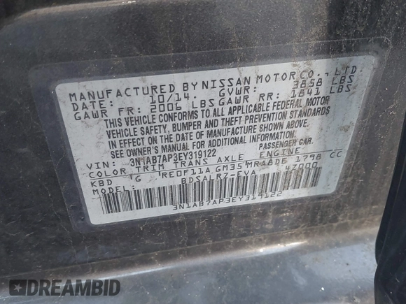 2014 Nissan Sentra SR z VIN 3N1AB7AP3EY319122, wystawiony jako IAAI lot #41130985 z przebiegiem 89 014 mil mil oraz . Historia ofert i sprzedaży dostępna na DreamBid. Obrazek 9.
