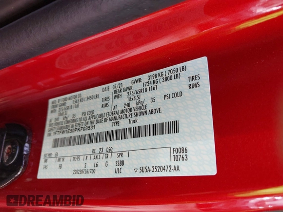 2023 Ford F-150 XL with VIN 1FTFW1E50PKF03531, listed as a IAAI auction lot 42151884 with 15,392 mi miles and . Bid and sale history available at DreamBid. Image 9.