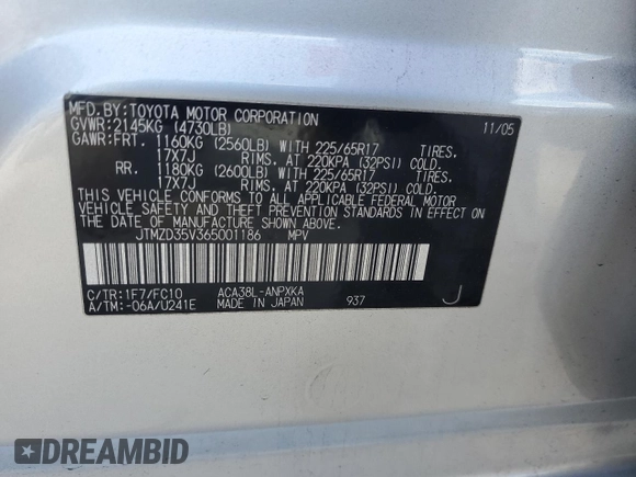 2006 Toyota RAV4 with VIN JTMZD35V365001186, listed as a Copart auction lot 57124705 with 70,483 mi miles and Clean Title. Bid and sale history available at DreamBid. Image 13.