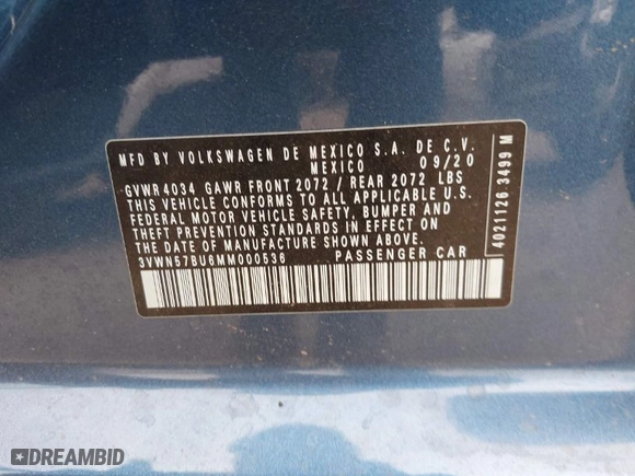2021 Volkswagen Jetta S with VIN 3VWN57BU6MM000536, listed as a IAAI auction lot 42029185 with 97,613 mi miles. Bid and sale history available at carsss.com. Image 9.
