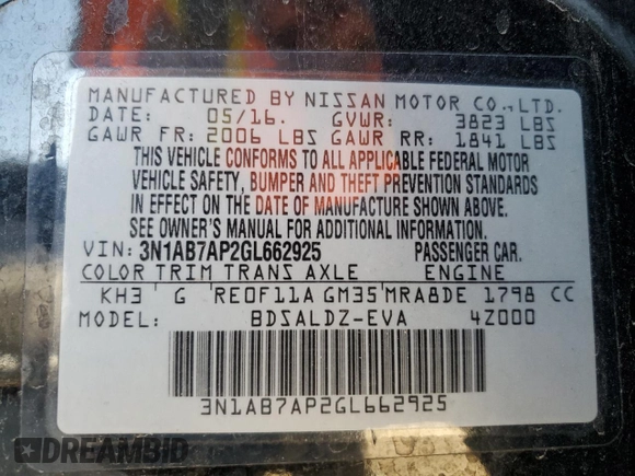 2016 Nissan Sentra S with VIN 3N1AB7AP2GL662925, listed as a Copart auction lot 49418055 with 143,851 mi miles and Salvage Title. Bid and sale history available at carsss.com. Image 12.