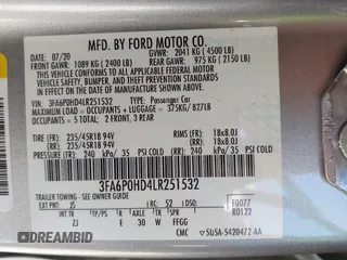 2020 Ford Fusion SE with VIN 3FA6P0HD4LR251532, listed as a IAAI auction lot 42214629 with 53,933 mi miles and . Bid and sale history available at DreamBid. Image 9.