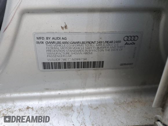2007 Audi A4 2.0T with VIN WAUDF78E77A099734, listed as a Copart auction lot 50342225 with 136,931 mi miles and Salvage Title. Bid and sale history available at carsss.com. Image 14.