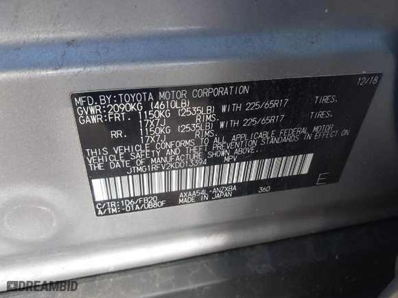 2019 Toyota RAV4 LE with VIN JTMG1RFV2KD013394, listed as a IAAI auction lot 41449622 with 64,811 mi miles. Bid and sale history available at carsss.com. Image 9.