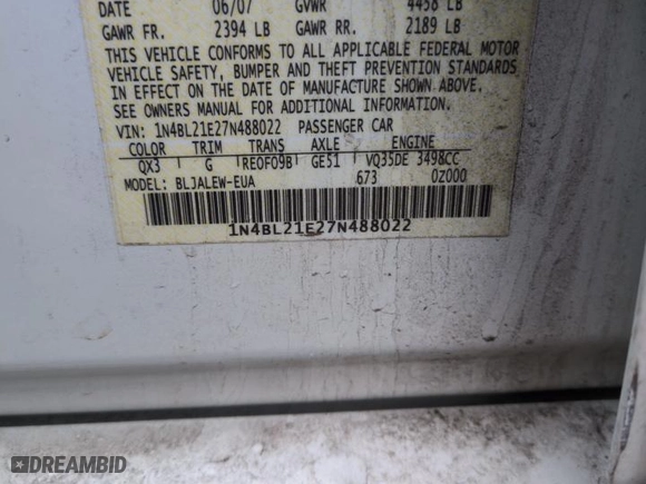 2007 Nissan Altima 3.5 SL with VIN 1N4BL21E27N488022, listed as a Copart auction lot 51226415 with 225,033 mi miles and Salvage Title. Bid and sale history available at carsss.com. Image 12.