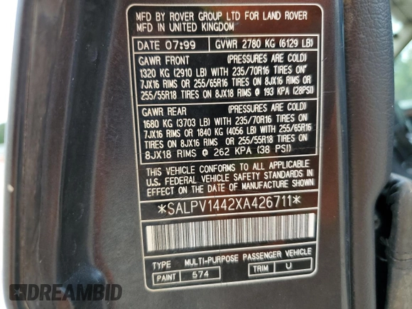 1999 Land Rover Range Rover z VIN SALPV1442XA426711, wystawiony jako Copart lot #57434985 z przebiegiem 253 151 mil mil oraz Tytuł czysty. Historia ofert i sprzedaży dostępna na DreamBid. Obrazek 13.