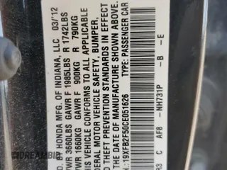 2012 Honda Civic LX z VIN 19XFB2F50CE051626, wystawiony jako Copart lot #59477235 z przebiegiem 126 225 mil mil oraz Szkoda całkowita • Salvage title. Historia ofert i sprzedaży dostępna na DreamBid. Obrazek 12.