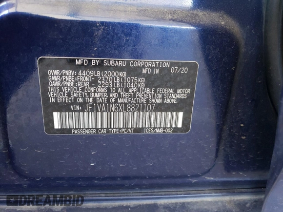 2020 Subaru WRX Limited with VIN JF1VA1N6XL8821107, listed as a Copart auction lot 56283685 with 87,570 mi miles and Salvage title. Bid and sale history available at DreamBid. Image 12.
