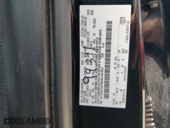 2017 Ford F-150 XL with VIN 1FTEW1EF8HKC41523, listed as a Copart auction lot 62118905 with Not provided miles and Salvage title. Bid and sale history available at DreamBid. Image 12.