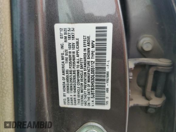 2013 Acura RDX Technology with VIN 5J8TB3H53DL005112, listed as a Copart auction lot 55624655 with 211,770 mi miles and Salvage title. Bid and sale history available at DreamBid. Image 13.