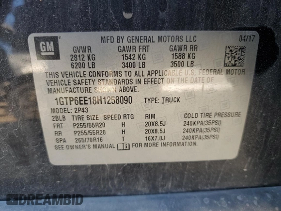 2017 GMC Canyon 4WD Denali with VIN 1GTP6EE18H1258090, listed as a Copart auction lot 71596574 with 0 mi miles and Clean Title. Bid and sale history available at carsss.com. Image 12.