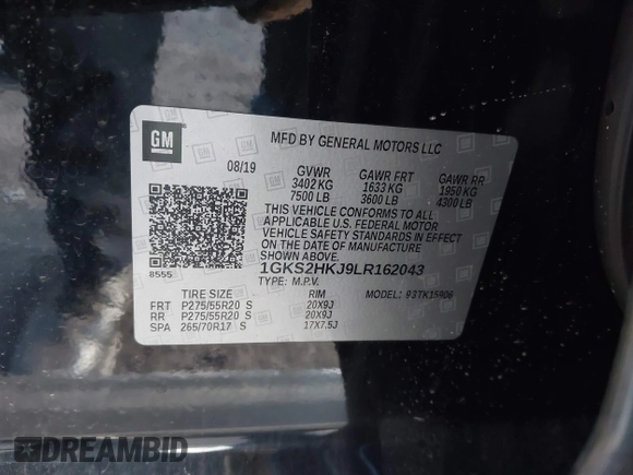 2020 GMC Yukon XL Denali with VIN 1GKS2HKJ9LR162043, listed as a IAAI auction lot 41351046 with 93,358 mi miles. Bid and sale history available at carsss.com. Image 9.