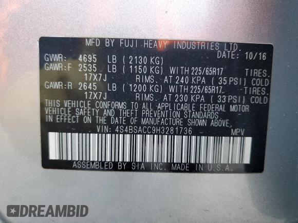 2017 Subaru Outback Premium with VIN 4S4BSACC9H3281736, listed as a Copart auction lot 42237375 with 118,474 mi miles and Salvage Title. Bid and sale history available at DreamBid. Image 15.
