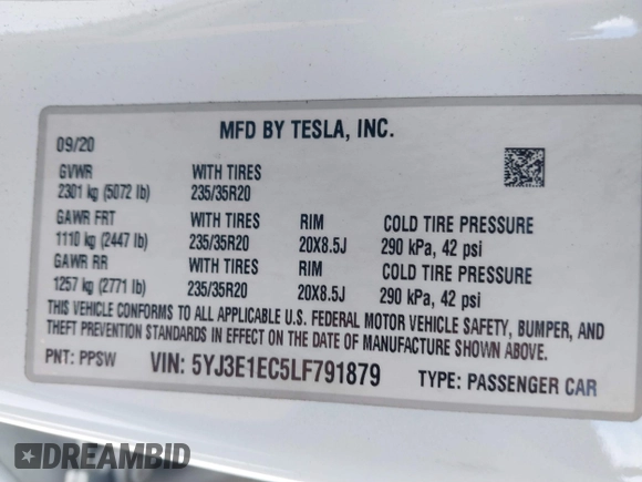 2020 Tesla Model 3 Performance z VIN 5YJ3E1EC5LF791879, wystawiony jako IAAI lot #41302692 z przebiegiem 76 502 mil mil oraz . Historia ofert i sprzedaży dostępna na DreamBid. Obrazek 9.