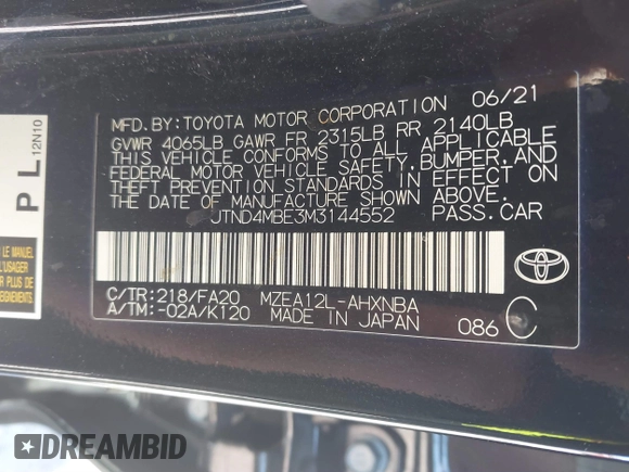 2021 Toyota Corolla SE with VIN JTND4MBE3M3144552, listed as a IAAI auction lot 41699317 with 57,309 mi miles and . Bid and sale history available at DreamBid. Image 9.
