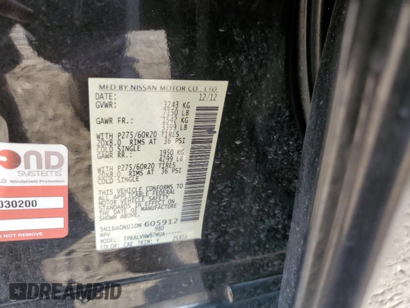 2013 Nissan Armada SL z VIN 5N1BA0ND1DN605912, wystawiony jako Copart lot #53389245 z przebiegiem 165 715 mil mil oraz Szkoda całkowita • Salvage title. Historia ofert i sprzedaży dostępna na DreamBid. Obrazek 16.