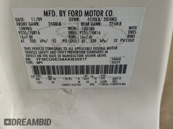 2010 Ford Escape Limited z VIN 1FMCU0EG4AKB30517, wystawiony jako Copart lot #59870285 z przebiegiem 126 483 mil mil oraz Czysty tytuł • Clean title. Historia ofert i sprzedaży dostępna na DreamBid. Obrazek 13.