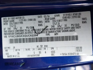2016 Ford Escape SE with VIN 1FMCU9GX3GUC62294, listed as a IAAI auction lot 41934578 with 262,094 mi miles. Bid and sale history available at carsss.com. Image 9.