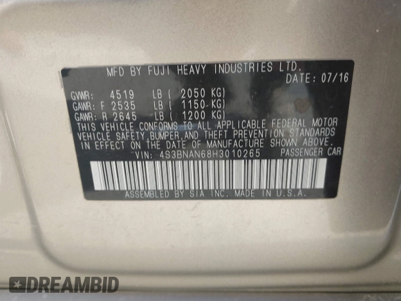 2017 Subaru Legacy Limited with VIN 4S3BNAN68H3010265, listed as a IAAI auction lot 42199122 with 93,330 mi miles and . Bid and sale history available at DreamBid. Image 9.