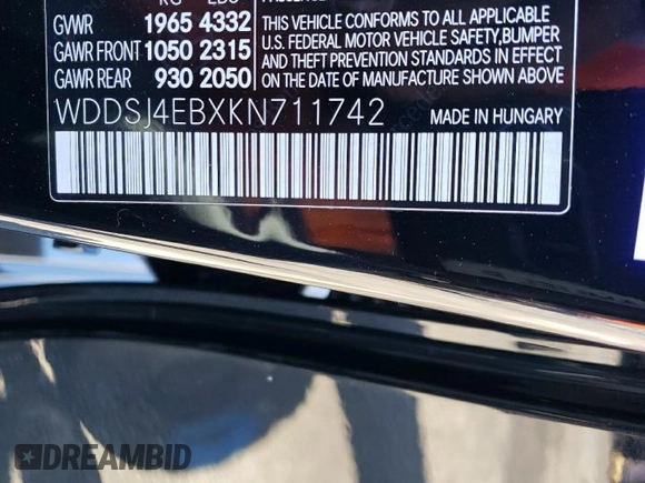 2019 Mercedes-Benz CLA 250 with VIN WDDSJ4EBXKN711742, listed as a Copart auction lot 60651353 with 33,055 mi miles and . Bid and sale history available at DreamBid. Image 14.