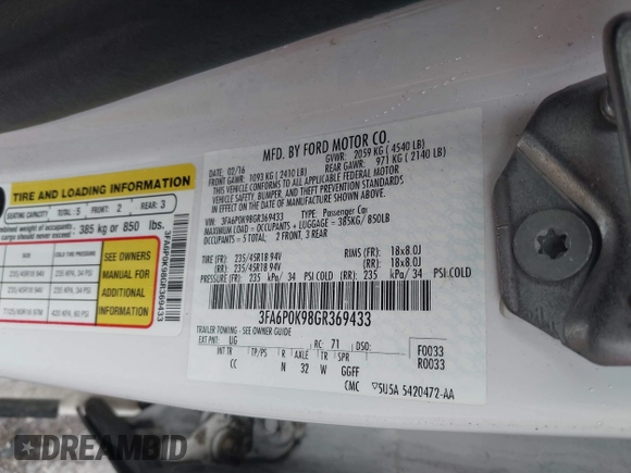 2016 Ford Fusion Titanium with VIN 3FA6P0K98GR369433, listed as a IAAI auction lot 42214785 with 64,918 mi miles and . Bid and sale history available at DreamBid. Image 9.