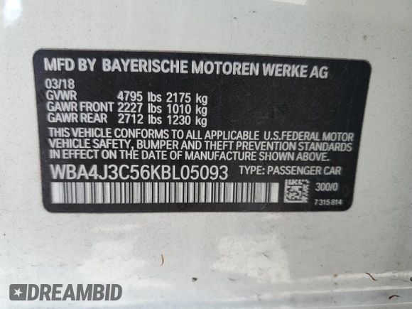 2019 BMW 4 Series 430i xDrive z VIN WBA4J3C56KBL05093, wystawiony jako Copart lot #52215335 z przebiegiem 55 900 mil mil oraz Szkoda całkowita • Salvage title. Historia ofert i sprzedaży dostępna na DreamBid. Obrazek 12.