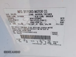 2005 Ford F-150 XL with VIN 1FTRF12285NB41452, listed as a IAAI auction lot 41903892 with 290,233 mi miles. Bid and sale history available at carsss.com. Image 9.